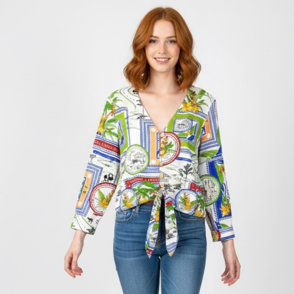 Rachel Zoe Tropical Travel Print Tie-Front Linen Blend Blouse